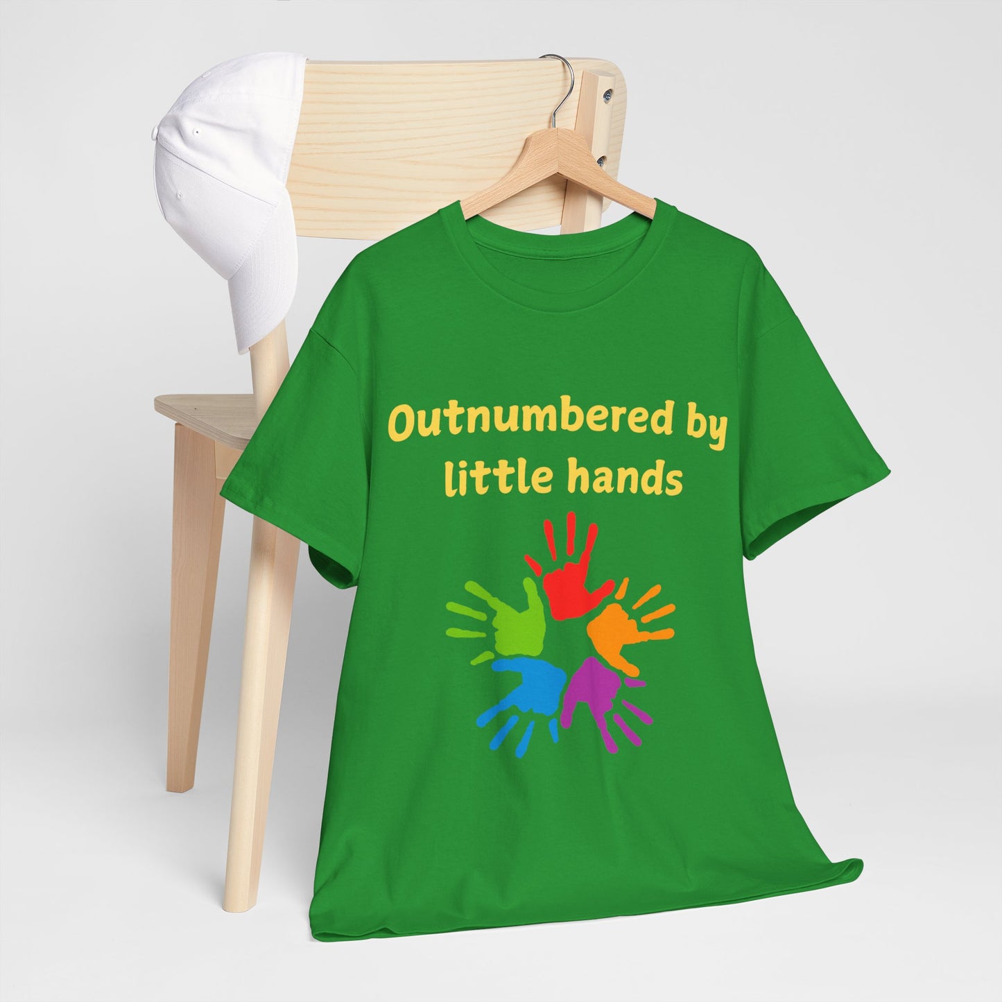 Outnumbered by Little Hands T-Shirt — Funny Parent Tee with Colorful Kids' Handprints