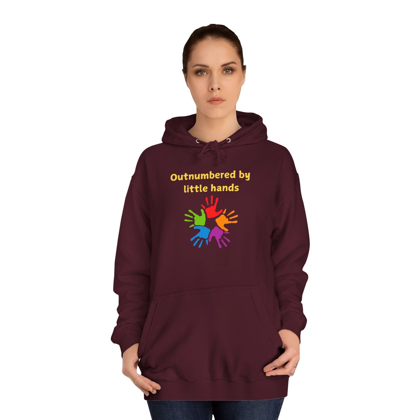 Hoodie — "Outnumbered by Little Hands" Colorful Kids' Handprint Family Pullover