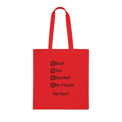 Tote Bag — "Book, Tea, Blanket, No People. Perfect!" Cozy Reader Checklist Tote