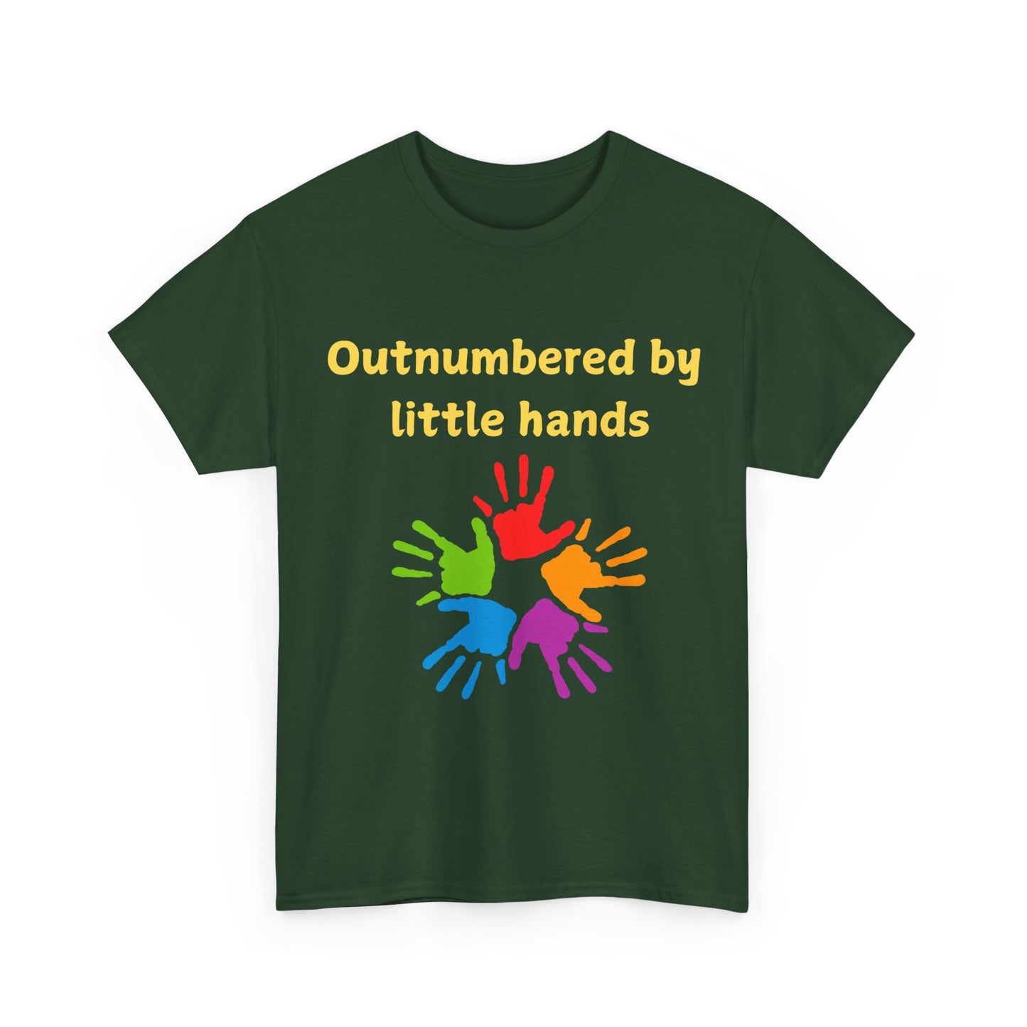 Outnumbered by Little Hands T-Shirt — Funny Parent Tee with Colorful Kids' Handprints