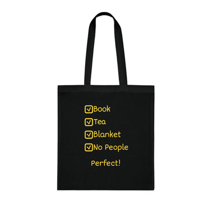 Tote Bag — "Book, Tea, Blanket, No People — Perfect!" Cozy Reading Tote