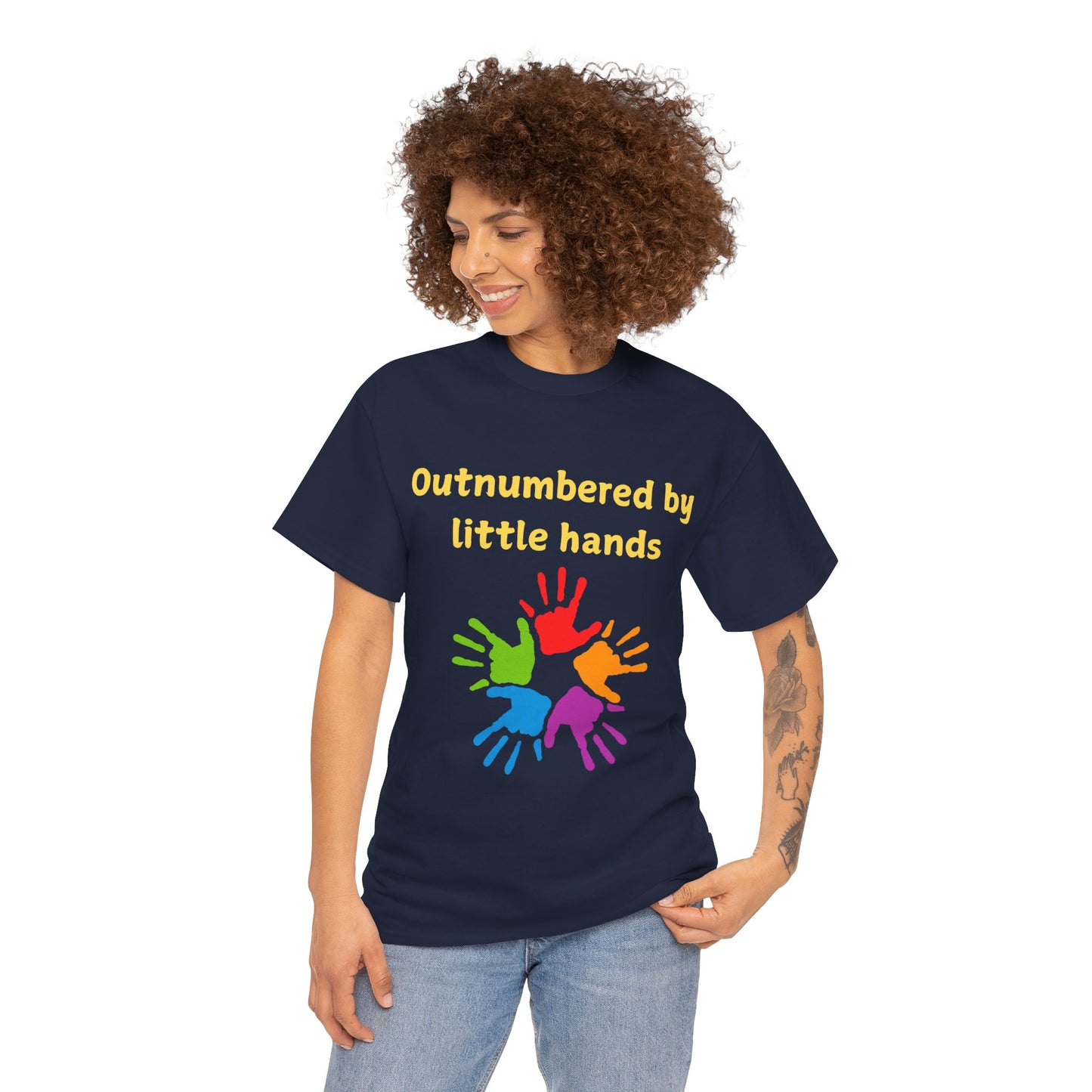 Outnumbered by Little Hands T-Shirt — Funny Parent Tee with Colorful Kids' Handprints