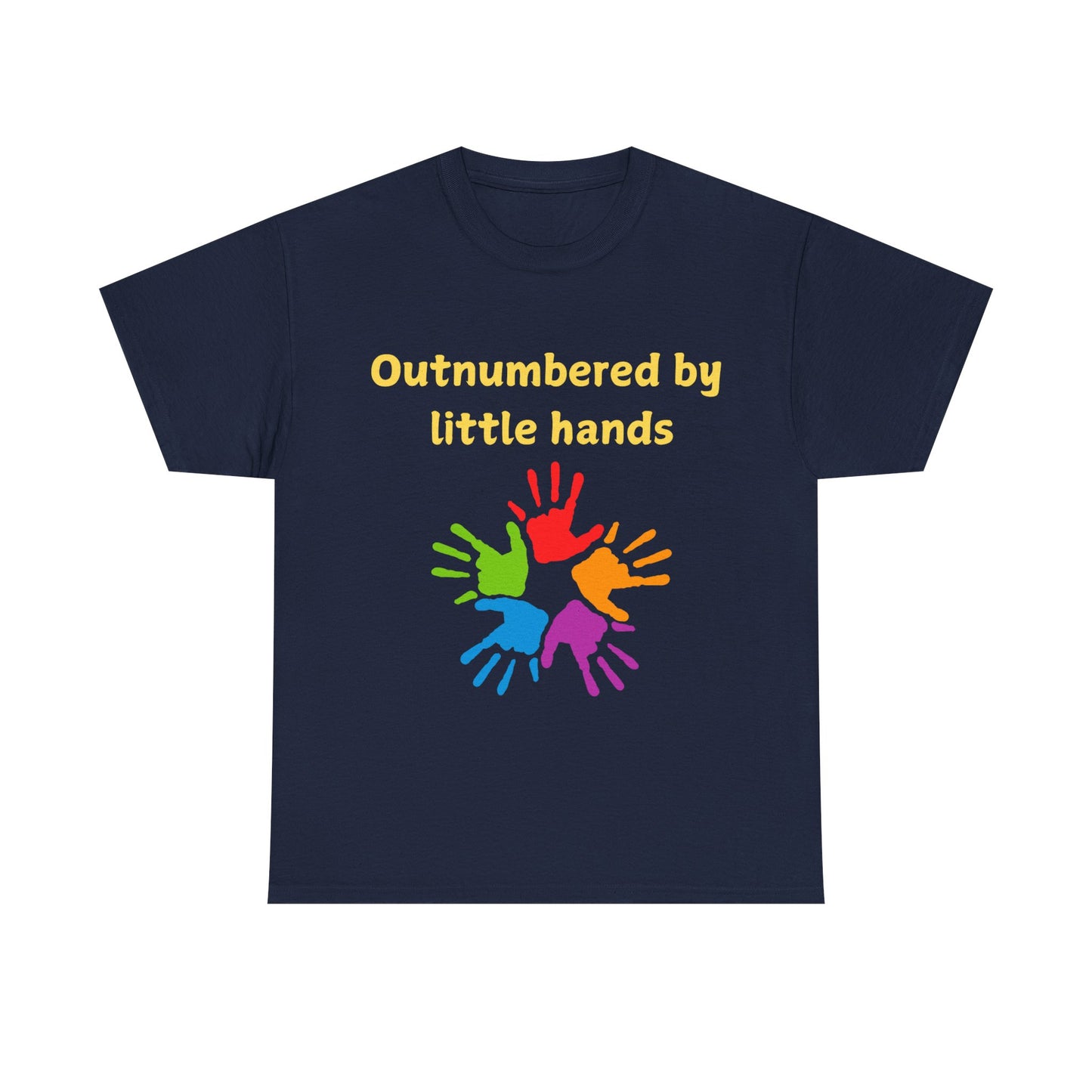Outnumbered by Little Hands T-Shirt — Funny Parent Tee with Colorful Kids' Handprints