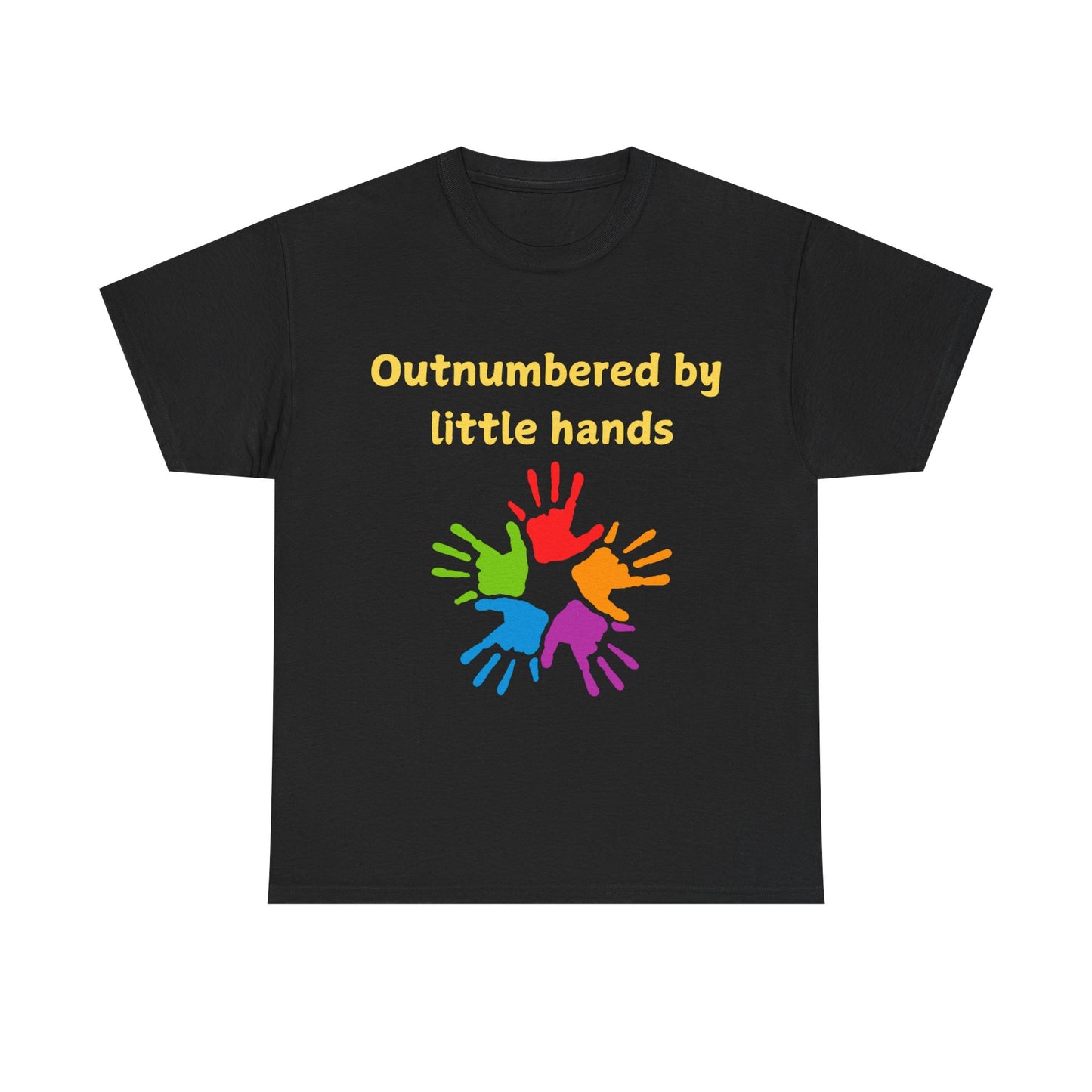 Outnumbered by Little Hands T-Shirt — Funny Parent Tee with Colorful Kids' Handprints
