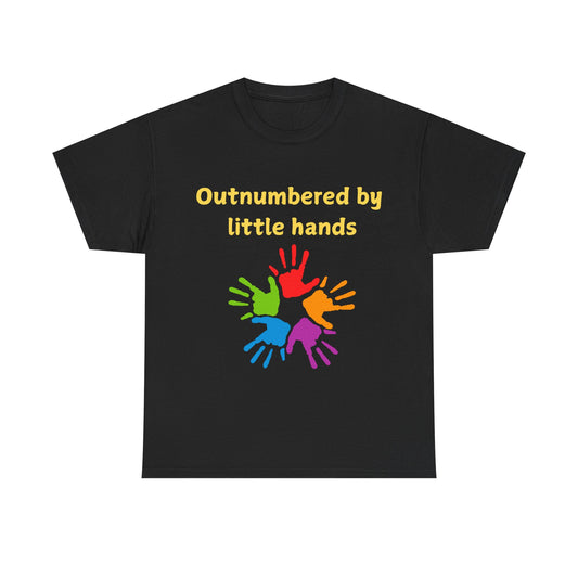 Outnumbered by Little Hands T-Shirt — Funny Parent Tee with Colorful Kids' Handprints