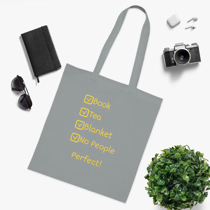 Tote Bag — "Book, Tea, Blanket, No People — Perfect!" Cozy Reading Tote