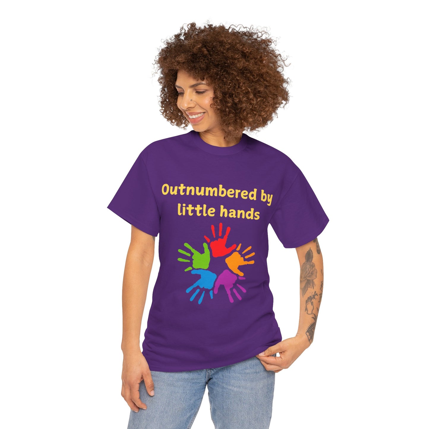 Outnumbered by Little Hands T-Shirt — Funny Parent Tee with Colorful Kids' Handprints