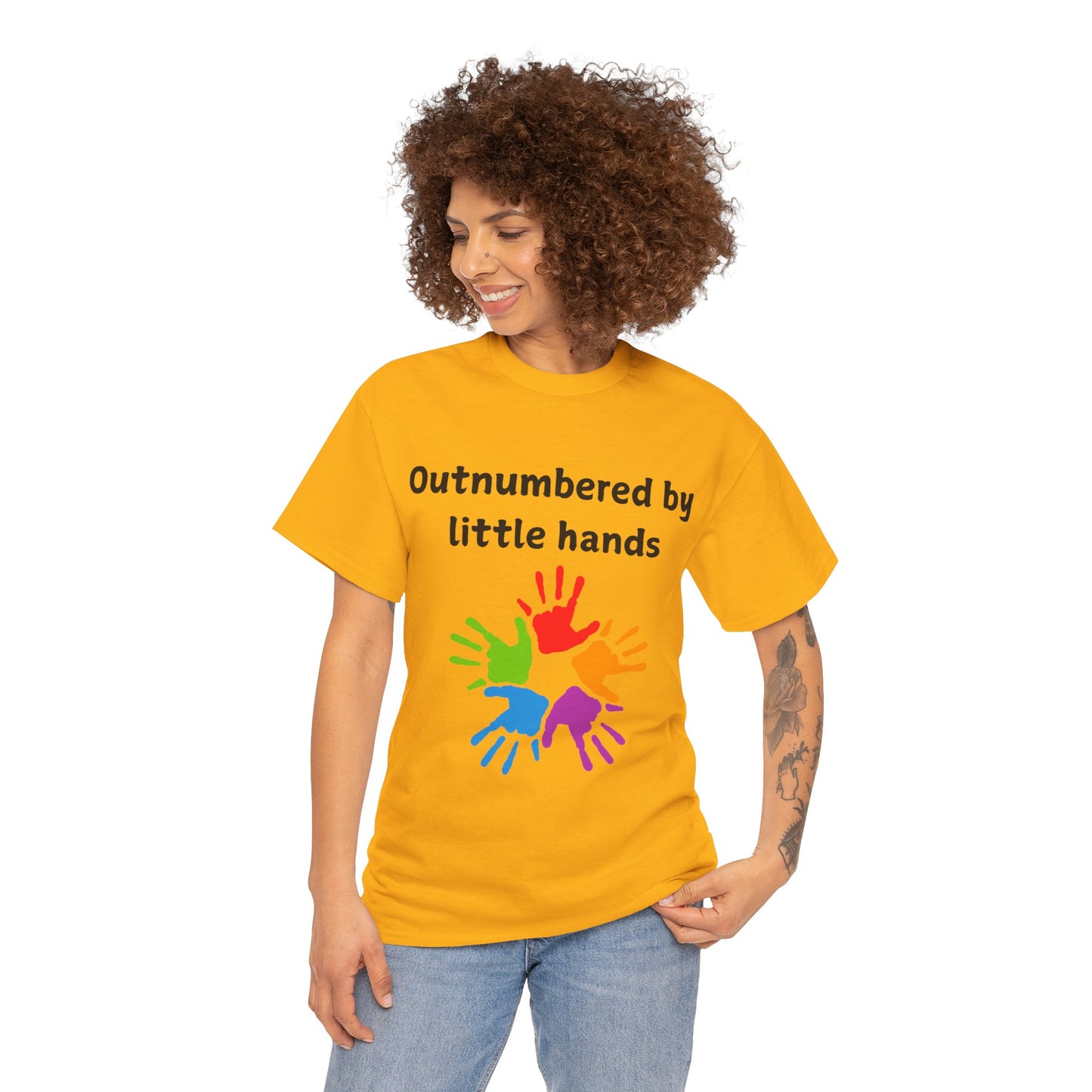 Outnumbered by Little Hands T-Shirt — Funny Parent Tee with Colorful Kids' Handprints