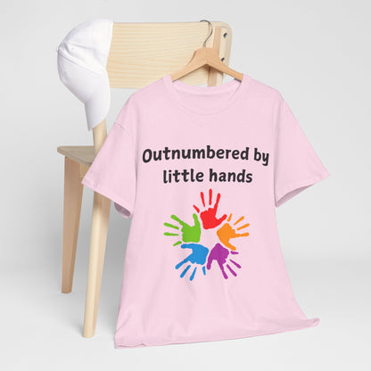 Outnumbered by Little Hands T-Shirt — Funny Parent Tee with Colorful Kids' Handprints