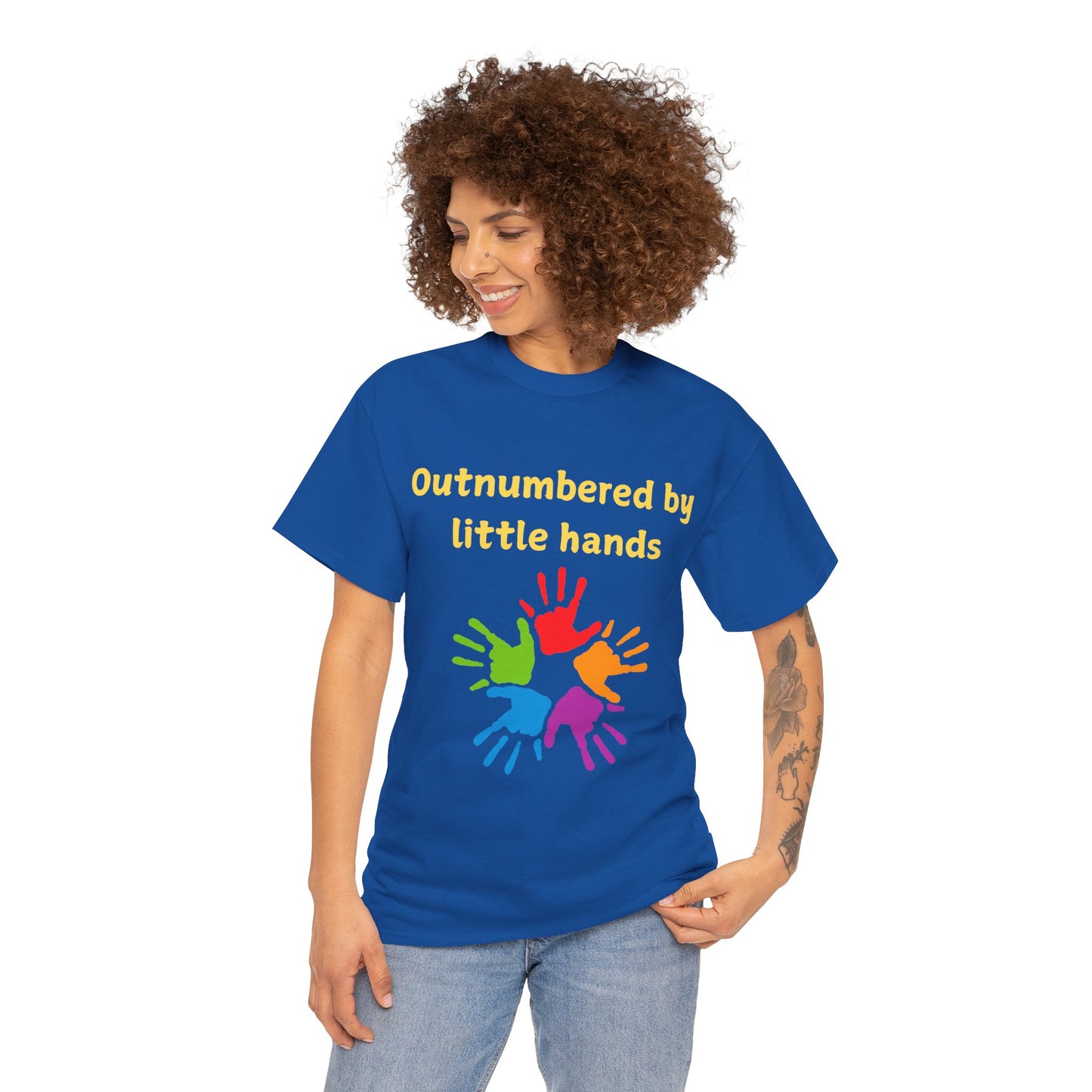 Outnumbered by Little Hands T-Shirt — Funny Parent Tee with Colorful Kids' Handprints
