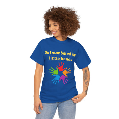 Outnumbered by Little Hands T-Shirt — Funny Parent Tee with Colorful Kids' Handprints