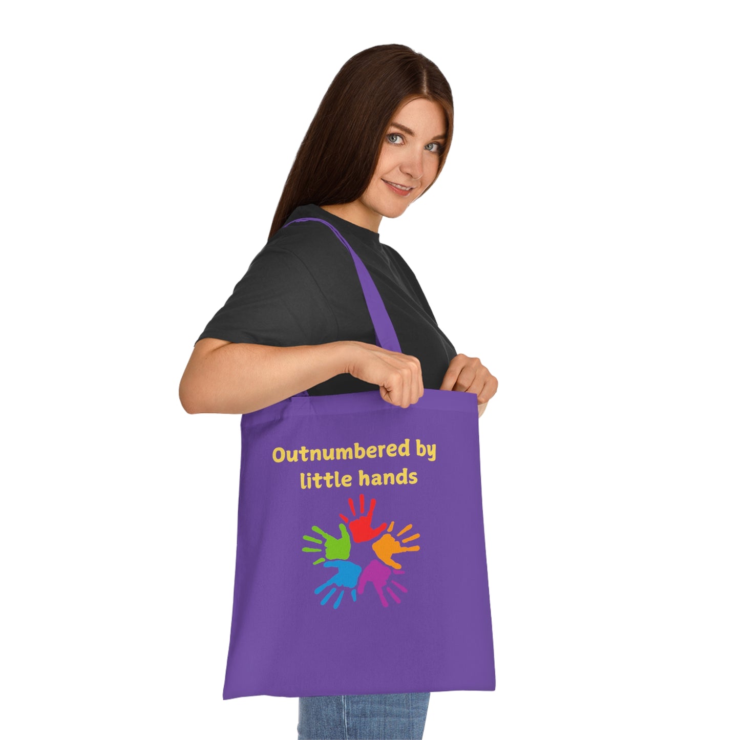Tote Bag — "Outnumbered by Little Hands" Colorful Kids Handprints Cotton Tote