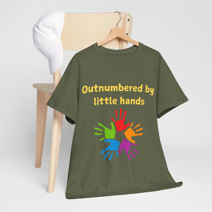 Outnumbered by Little Hands T-Shirt — Funny Parent Tee with Colorful Kids' Handprints