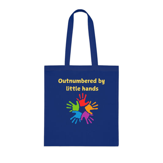 Tote Bag — "Outnumbered by Little Hands" Colorful Kids Handprints Cotton Tote