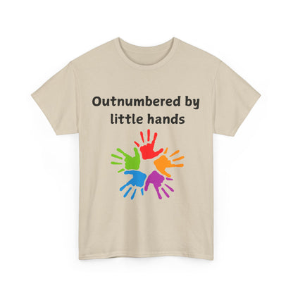 Outnumbered by Little Hands T-Shirt — Funny Parent Tee with Colorful Kids' Handprints