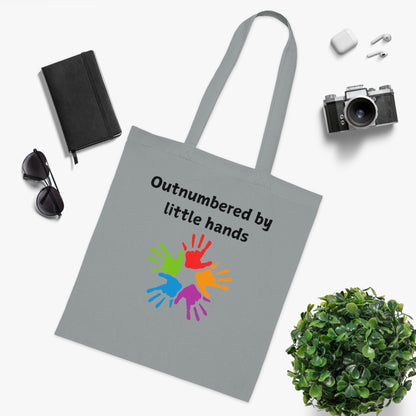 Tote Bag — "Outnumbered by Little Hands" Colorful Kids' Handprint Cotton Tote