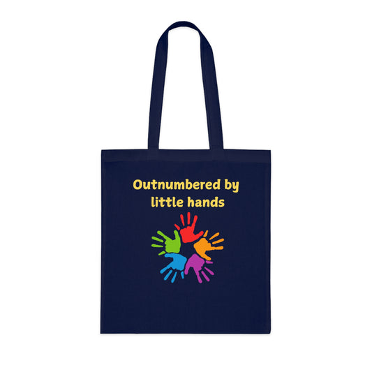 Tote Bag — "Outnumbered by Little Hands" Colorful Kids Handprints Cotton Tote