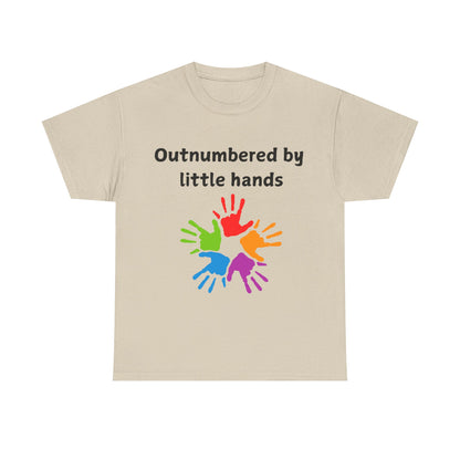 Outnumbered by Little Hands T-Shirt — Funny Parent Tee with Colorful Kids' Handprints