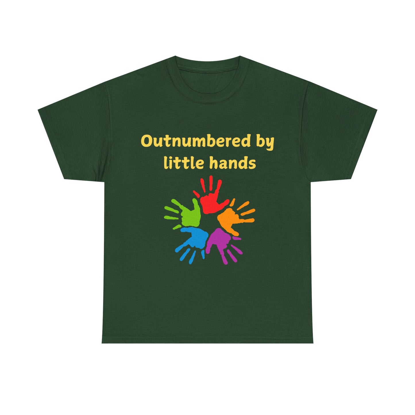 Outnumbered by Little Hands T-Shirt — Funny Parent Tee with Colorful Kids' Handprints