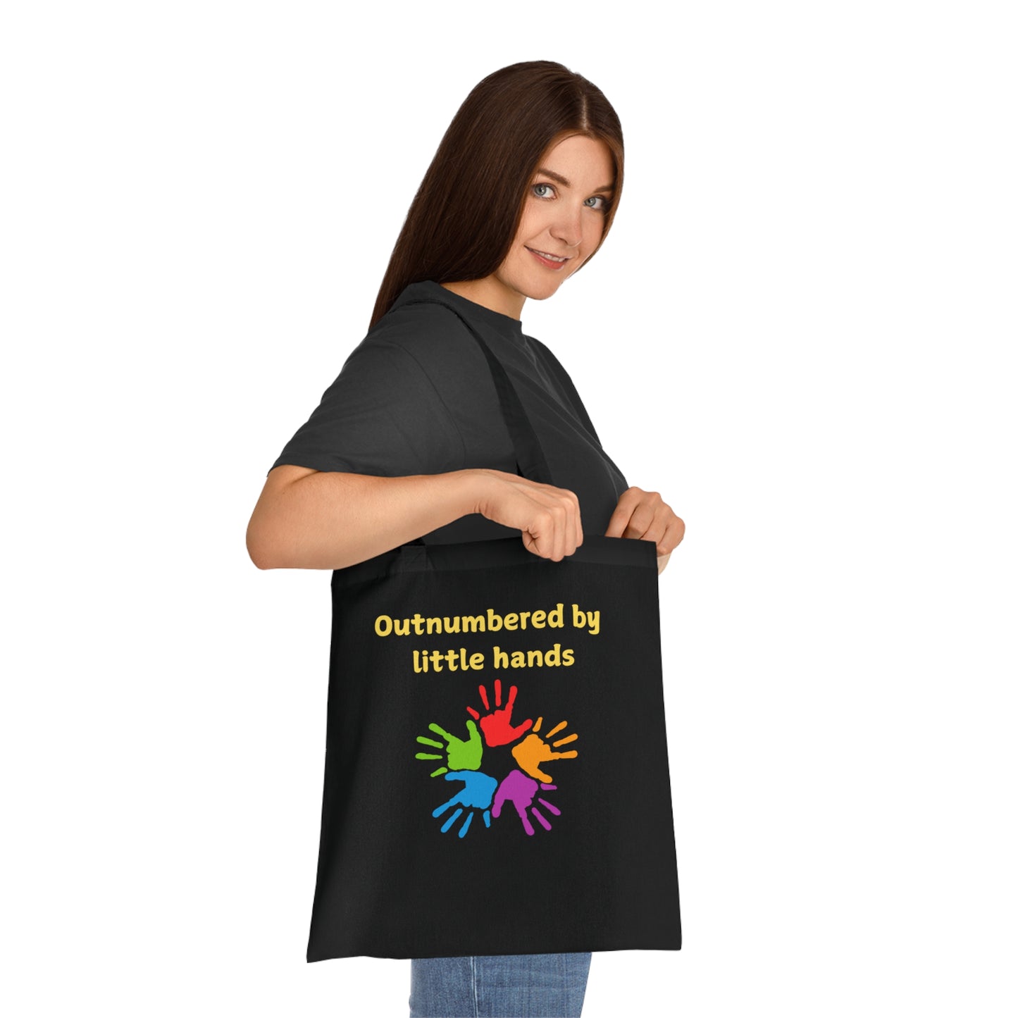 Tote Bag — "Outnumbered by Little Hands" Colorful Kids Handprints Cotton Tote