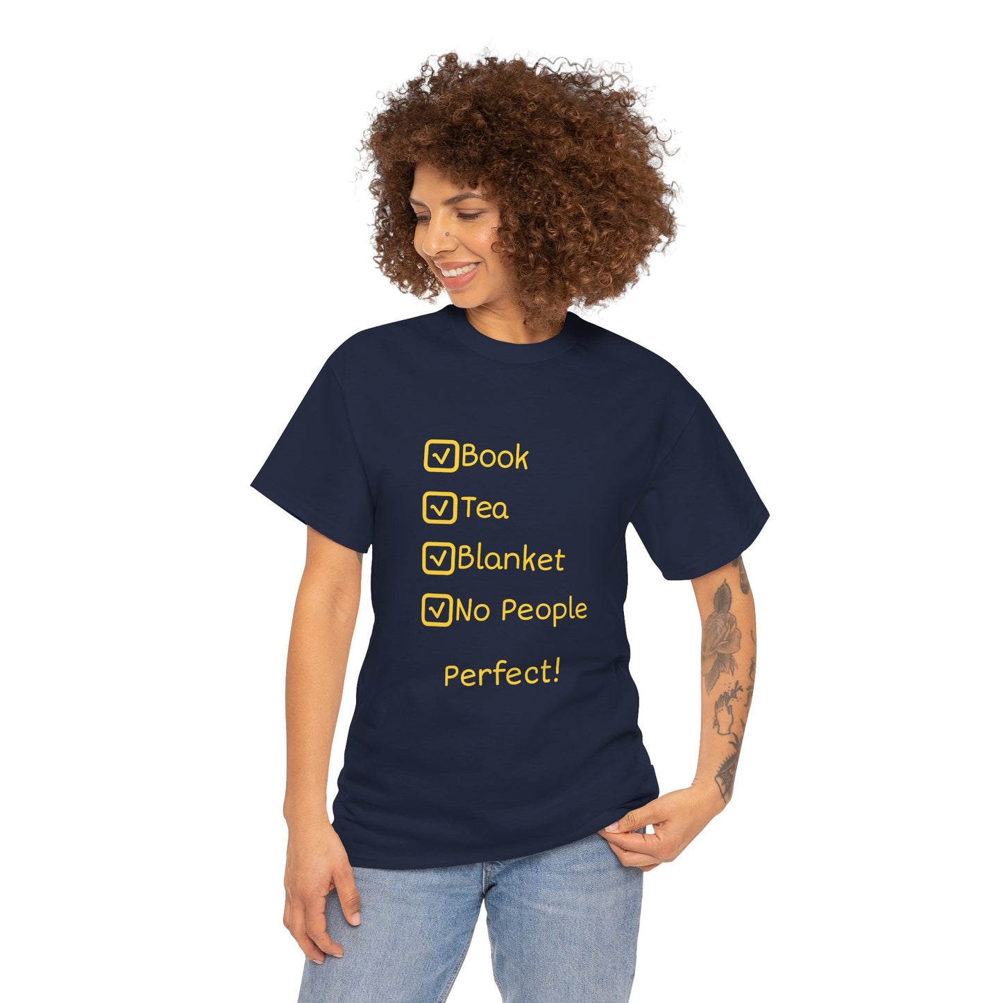 Cozy Reading Checklist Tee — "Book, Tea, Blanket, No People — Perfect!"