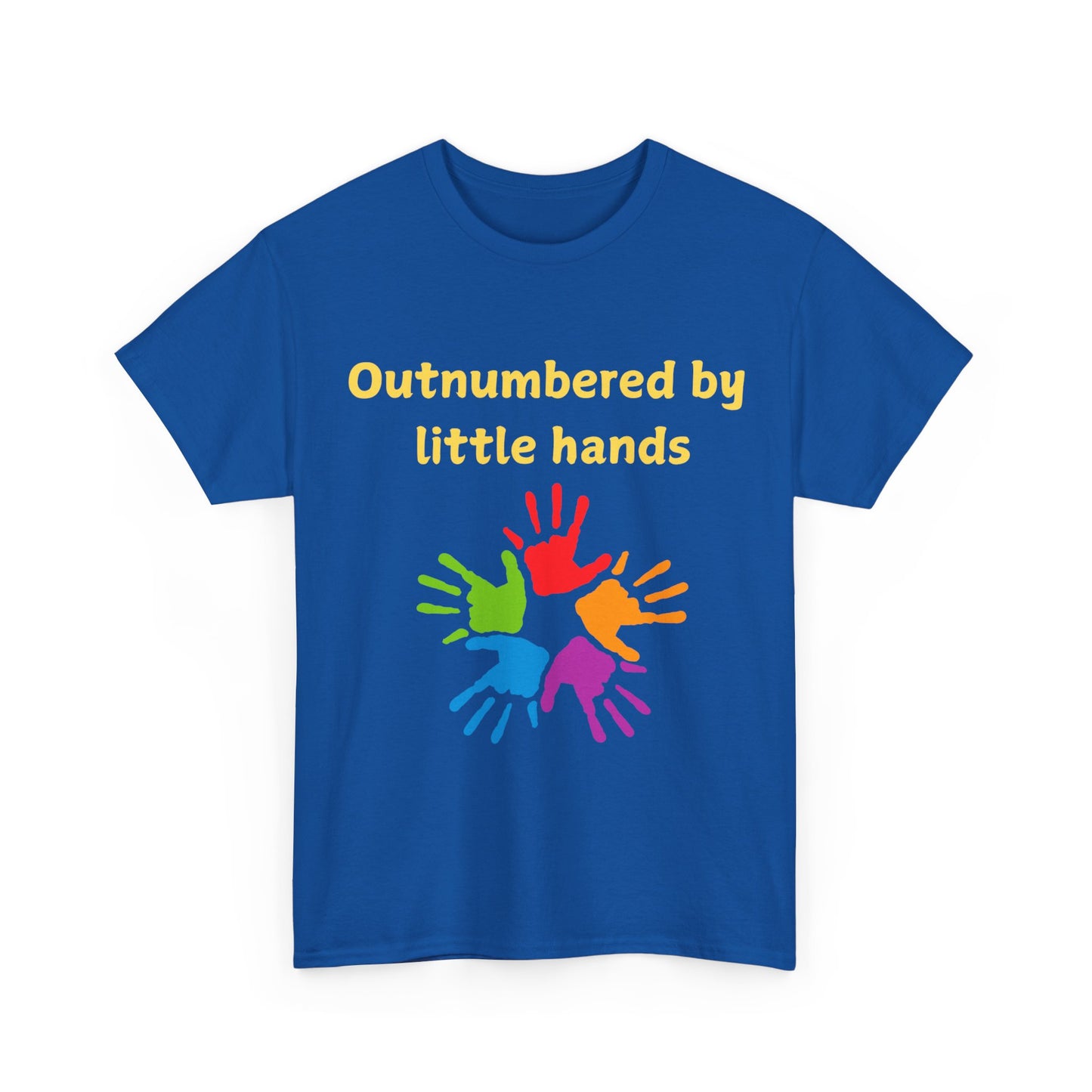 Outnumbered by Little Hands T-Shirt — Funny Parent Tee with Colorful Kids' Handprints