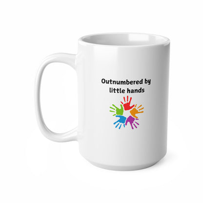 Ceramic Mug - "Outnumbered by Little Hands" Colorful Kids' Handprint Coffee Cup (11oz & 15oz)