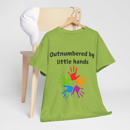 Outnumbered by Little Hands T-Shirt — Funny Parent Tee with Colorful Kids' Handprints