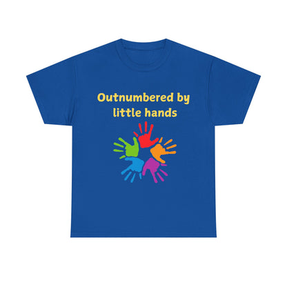 Outnumbered by Little Hands T-Shirt — Funny Parent Tee with Colorful Kids' Handprints
