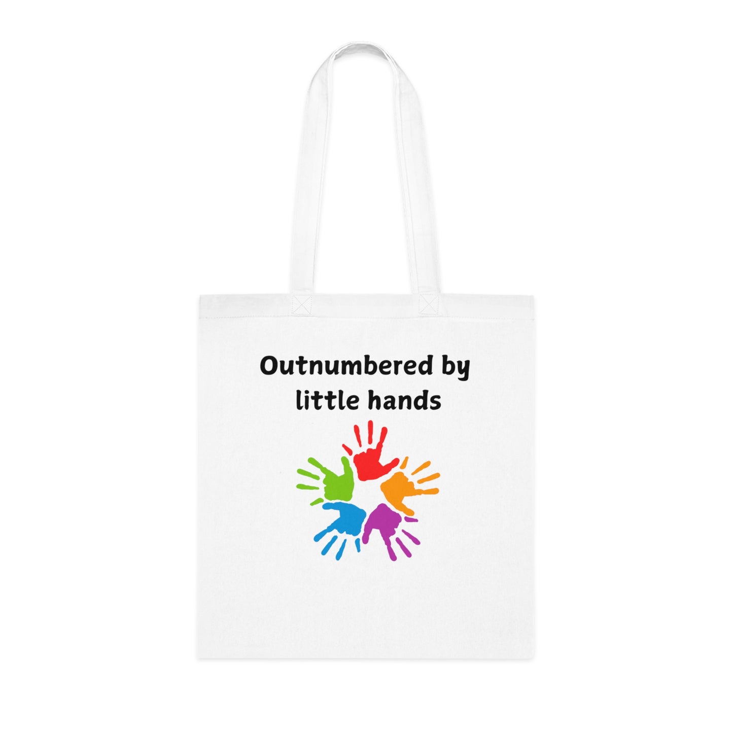 Tote Bag — "Outnumbered by Little Hands" Colorful Kids' Handprint Cotton Tote