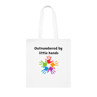 Tote Bag — "Outnumbered by Little Hands" Colorful Kids' Handprint Cotton Tote
