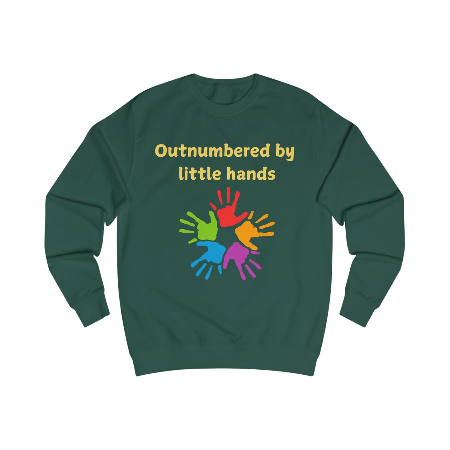 Sweatshirt — "Outnumbered by Little Hands" Colorful Kids Handprint Graphic