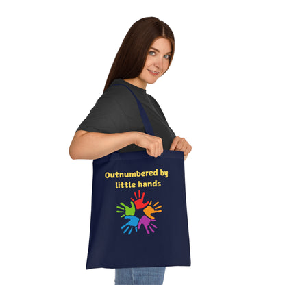 Tote Bag — "Outnumbered by Little Hands" Colorful Kids Handprints Cotton Tote