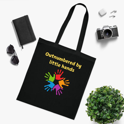 Tote Bag — "Outnumbered by Little Hands" Colorful Kids Handprints Cotton Tote