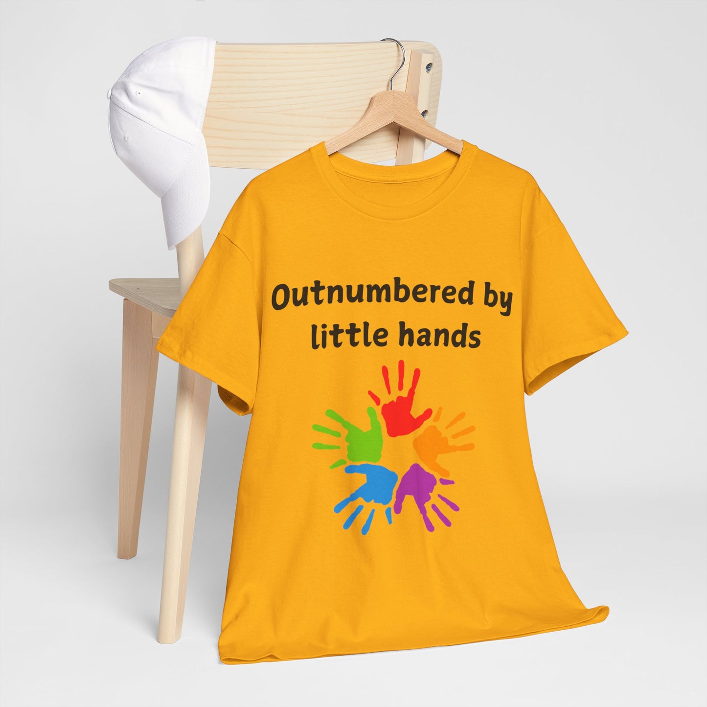 Outnumbered by Little Hands T-Shirt — Funny Parent Tee with Colorful Kids' Handprints