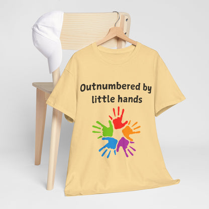 Outnumbered by Little Hands T-Shirt — Funny Parent Tee with Colorful Kids' Handprints