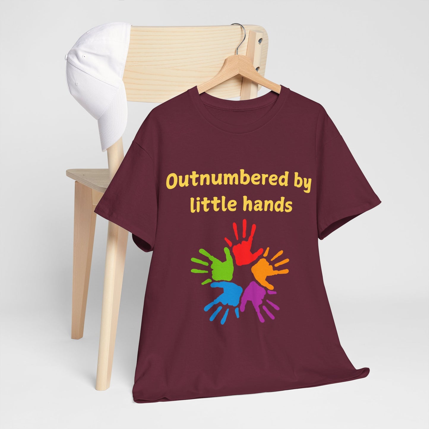 Outnumbered by Little Hands T-Shirt — Funny Parent Tee with Colorful Kids' Handprints