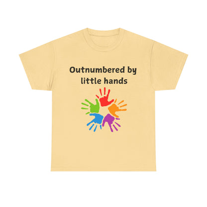 Outnumbered by Little Hands T-Shirt — Funny Parent Tee with Colorful Kids' Handprints