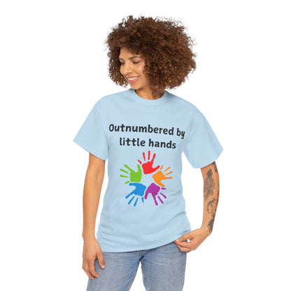 Outnumbered by Little Hands T-Shirt — Funny Parent Tee with Colorful Kids' Handprints
