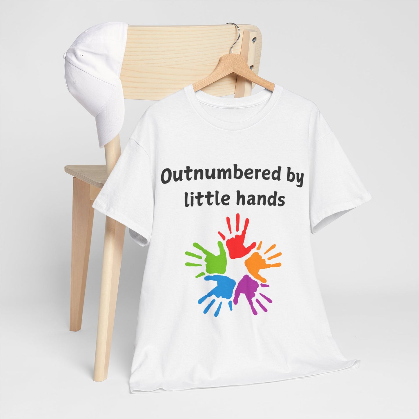 Outnumbered by Little Hands T-Shirt — Funny Parent Tee with Colorful Kids' Handprints