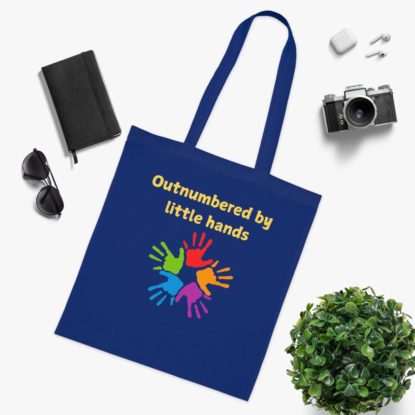 Tote Bag — "Outnumbered by Little Hands" Colorful Kids Handprints Cotton Tote