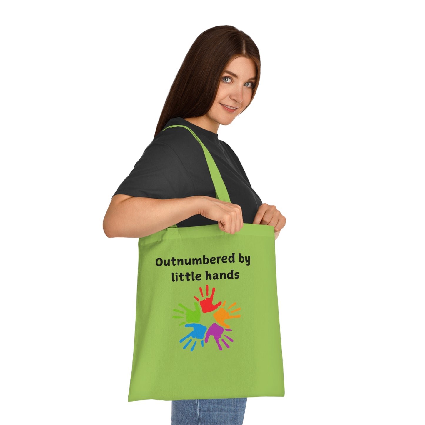 Tote Bag — "Outnumbered by Little Hands" Colorful Kids' Handprint Cotton Tote