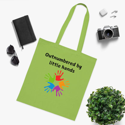 Tote Bag — "Outnumbered by Little Hands" Colorful Kids' Handprint Cotton Tote