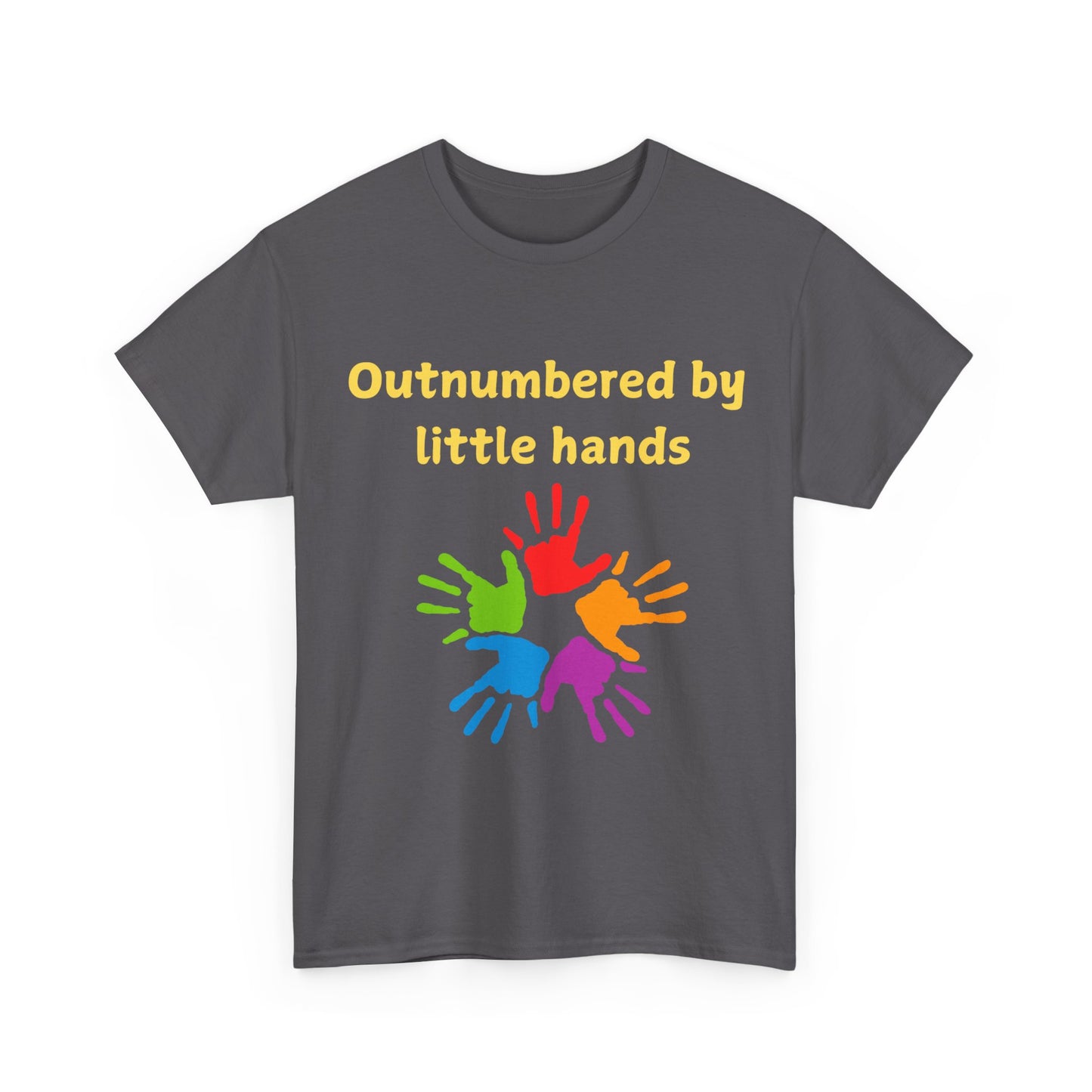 Outnumbered by Little Hands T-Shirt — Funny Parent Tee with Colorful Kids' Handprints