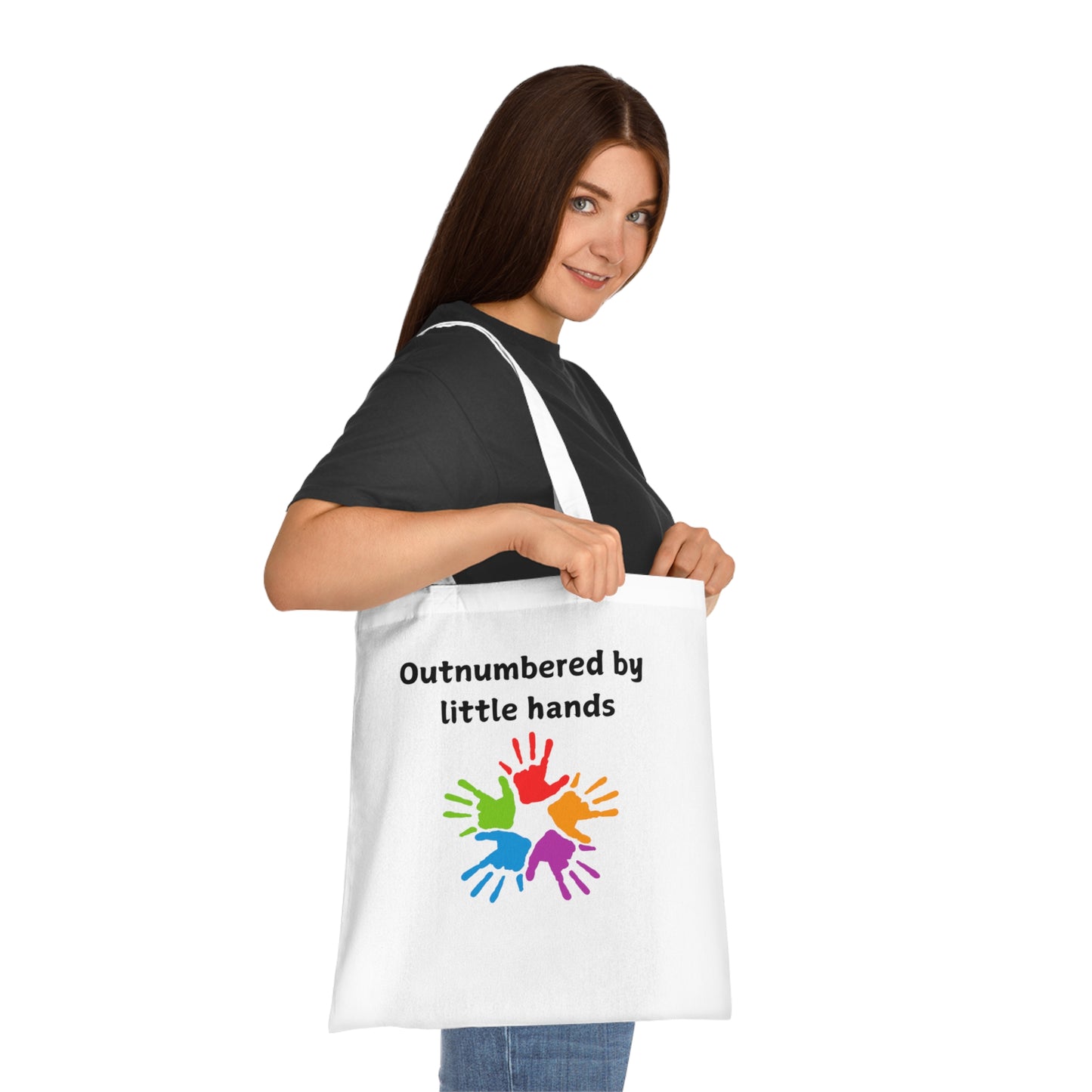 Tote Bag — "Outnumbered by Little Hands" Colorful Kids' Handprint Cotton Tote