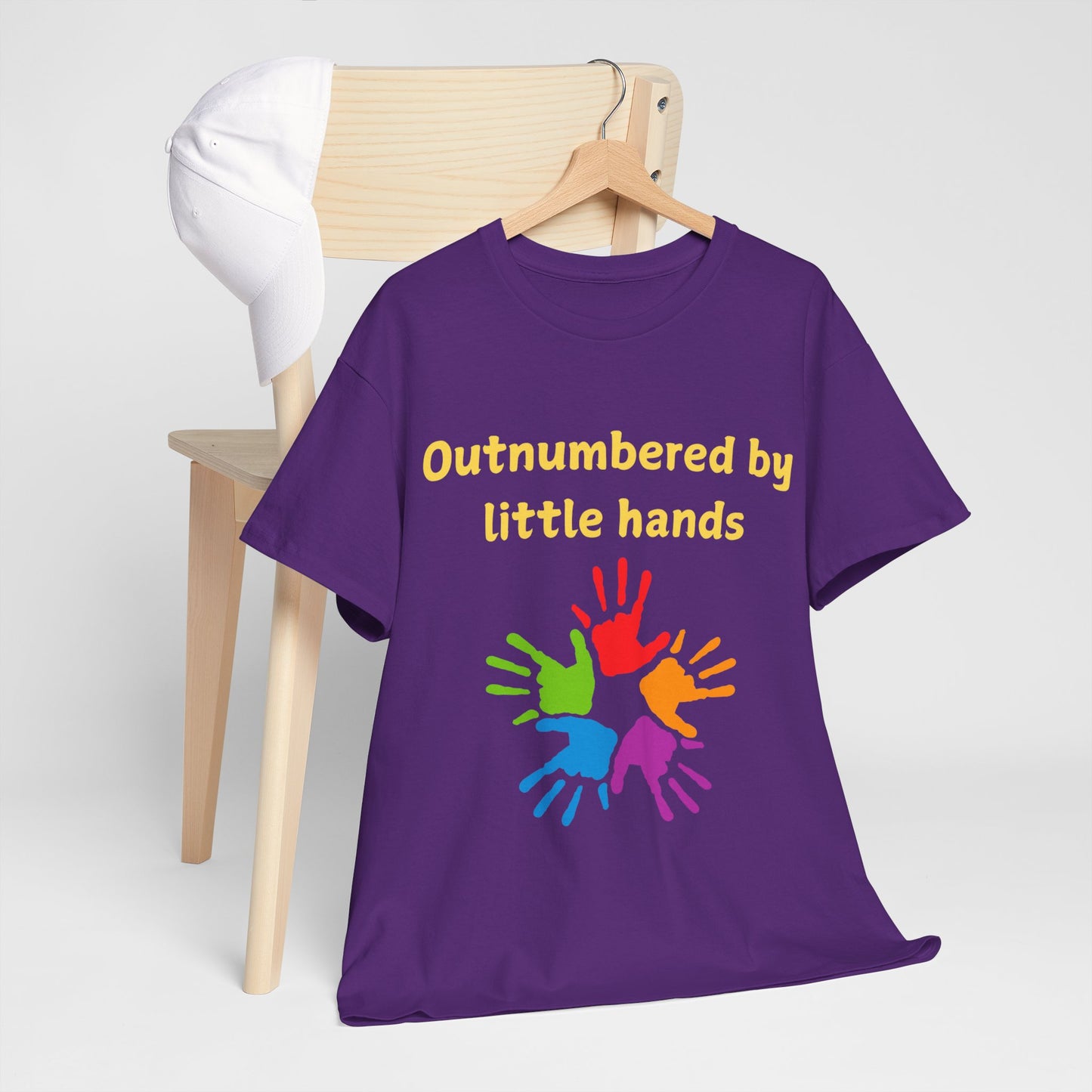 Outnumbered by Little Hands T-Shirt — Funny Parent Tee with Colorful Kids' Handprints