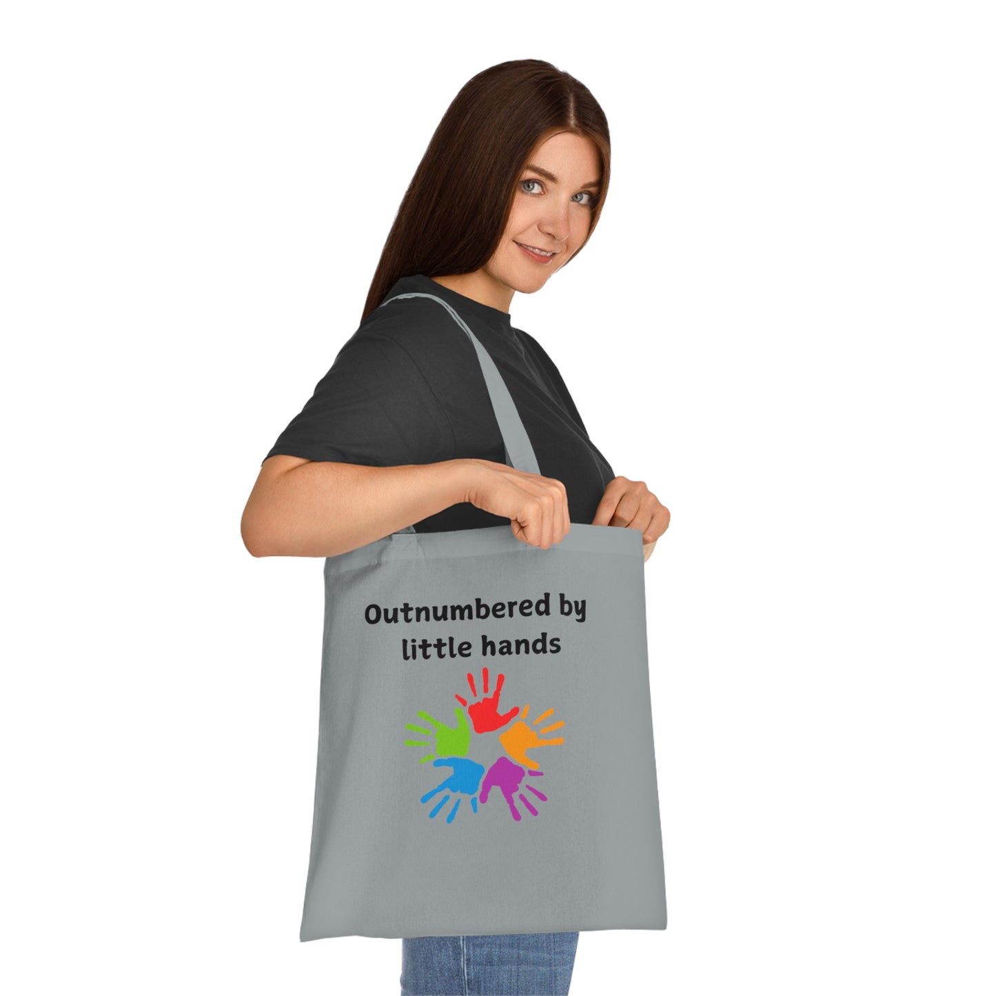Tote Bag — "Outnumbered by Little Hands" Colorful Kids' Handprint Cotton Tote
