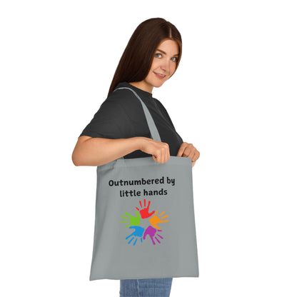 Tote Bag — "Outnumbered by Little Hands" Colorful Kids' Handprint Cotton Tote