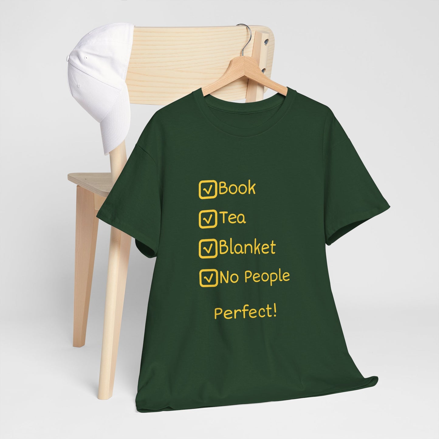 Cozy Reading Checklist Tee — "Book, Tea, Blanket, No People — Perfect!"