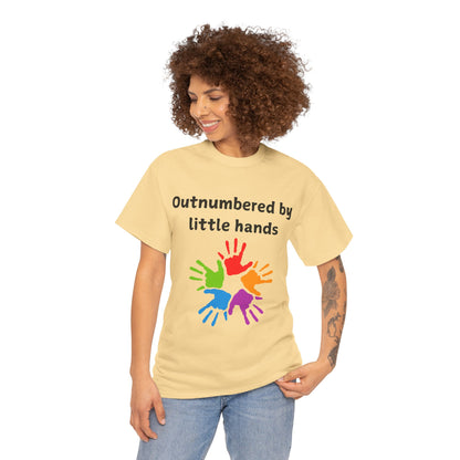 Outnumbered by Little Hands T-Shirt — Funny Parent Tee with Colorful Kids' Handprints